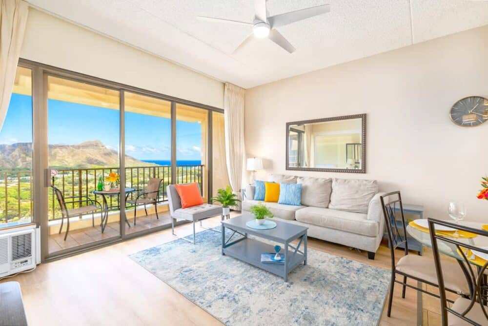 Waikiki Banyan 3709 T1 living room with Diamond Head and ocean view