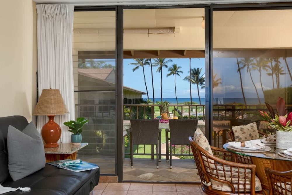 Waiohuli Beach Hale 213 living room with ocean view in Kihei