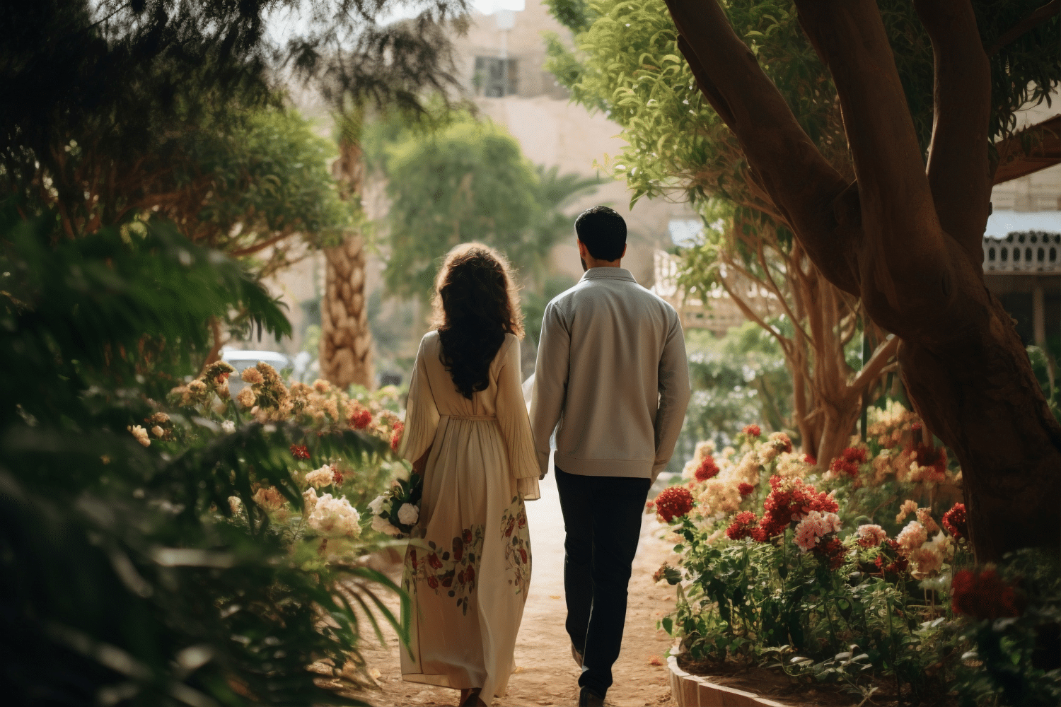 Couple strolling through a garden in Honolulu