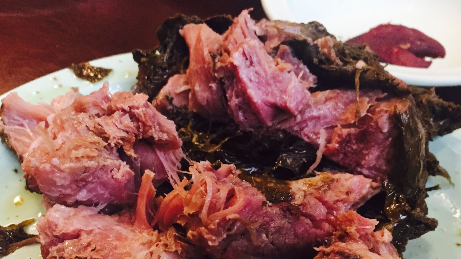 Lau lau, pork wrapped in taro leaves, a traditional Hawaiian dish